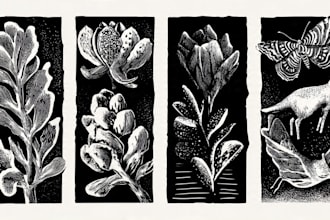 illustrate botanical and animal linocut illustration