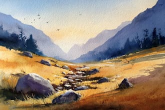 handrawn watercolor landscape on paper
