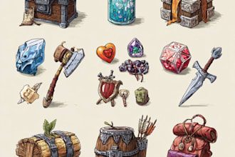 hand draw rpg game design props, art and icons