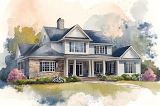 draw watercolor wedding venue, house and building