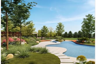 do garden design, backyard, swimming pool, and render images