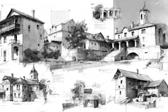 draw architectural sketches of buildings and houses