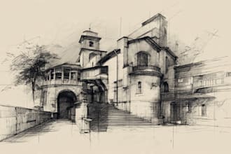 hand draw architectural sketches interior and exterior