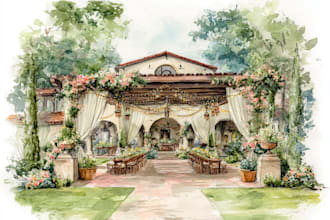 draw watercolor wedding venue, house and building