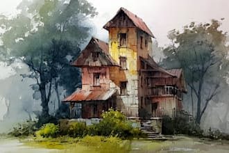 digital watercolor home and house portrait