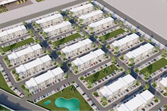 redesign 3d warehouse masterplan, industry park layout, aerial landscape render