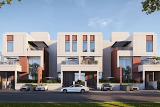 3d urban townhouse exterior, multi story building, balconies render, real estate