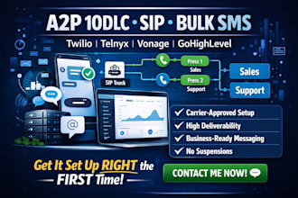 set up twilio, telnyx, vonage a2p 10dlc, sip trunk, IVR bulk SMS for business