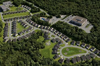 render3d site development,architectural land planning,map out street,aerial view