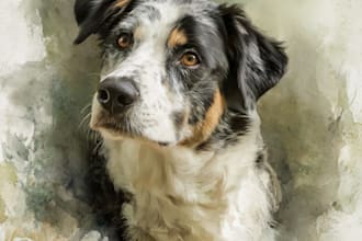paint a watercolor pet portrait with ink sketch