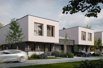 autocad 2d 3d render, realistic semi detached house external, eco friendly home