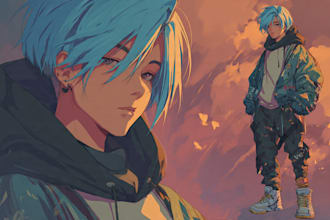 draw anime character fullbody in portrait or landscape with detailed background
