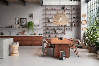 model modern boho interior with natural texture and floor to ceiling window view