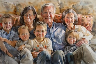 custom realistic family group portrait in watercolor style