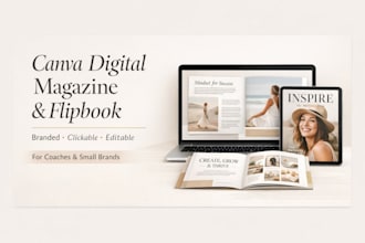 design canva magazine, flipbook, ebook, workbook and lookbook for coaches