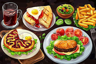design cute and colorful cartoon food illustration for logo, menu, etc