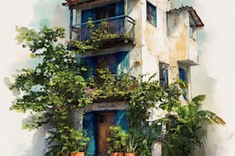 paint a watercolor house portrait or city space illustration