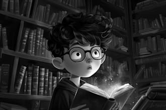 create stylized black and white illustrations for teenage and childrens book