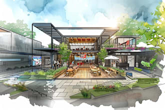 do architectural sketch rendering exterior interior concept