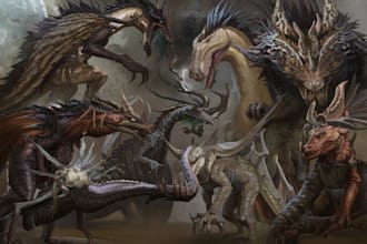 design concept art for characters dragons and monsters