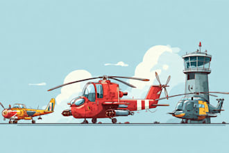 draw aircraft, airplane, helicopter into a vector cartoon
