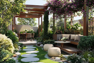 design landscape, terrace, backyard, pool, and patio