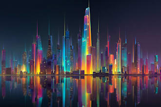 draw modern night futuristic city skyline, neon color skyscraper building vector