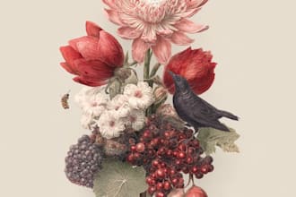 make a botanical line art illustration flower, plant, fruits