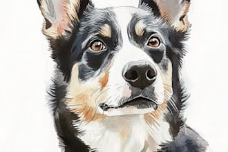 create a watercolor pet portrait, dog portrait cat portrait
