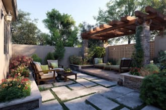 design landscape, terrace, backyard, pool, and patio
