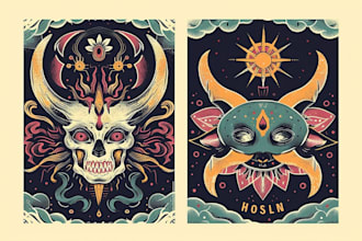 create mythical psychedelic retro vintage logo illustration