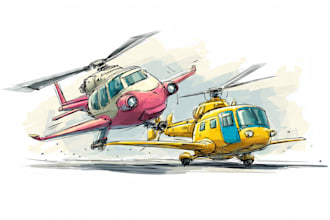draw airplane, aircraft, helicopter into a vector cartoon
