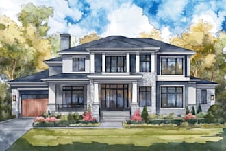 handmade watercolor painting of house, building