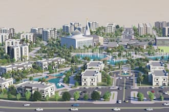 render residential neighborhood, riverbank property, multi family house concept