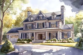 draw watercolor wedding venue, house