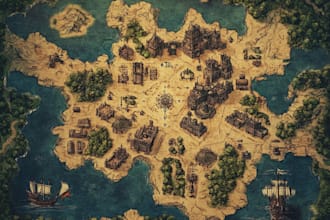 create a unique fantasy world map with vintage style