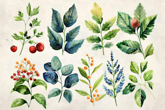 create digital botanical watercolor clipart of flowers