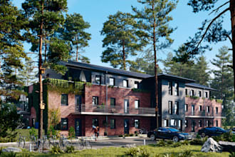 red brick terraced home, render uk external, uk modern building exterior, cgi