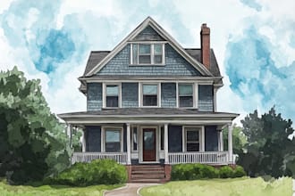 draw house illustration watercolor style