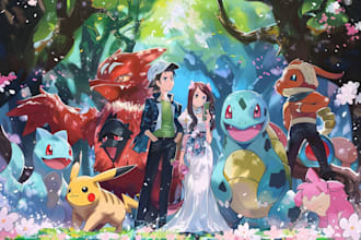 draw pokemon team with you as trainer in outstanding quality