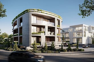renovate commercial building,office complex visual,metal facade,high end render