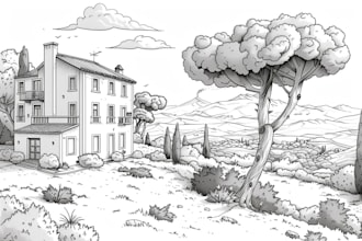 draw one line art illustration building and landscape