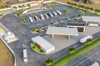drive thru 3d concept,commercial building,gas station,cafe,mall,park layout