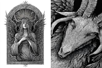 draw detailed engraving dark art for your merch