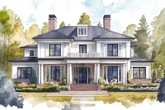 handmade watercolor painting of house