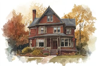 watercolor house portrait or city space illustration