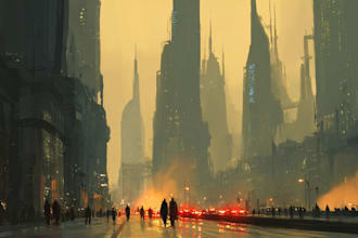 illustrate your cyberpunk city with neon lights and rain