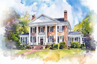 custom pen and watercolor house or building