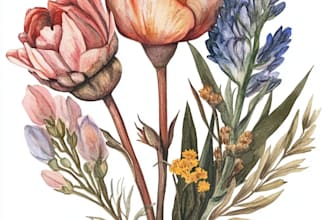 draw botanical illustrations of flowers, plants, line art