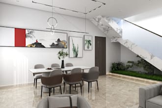 redesign 3d modern luxury apartment, dining area, indoor layout, cgi accent wall